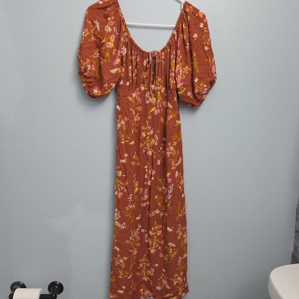 Billabong Brown Orange Puff Sleeve Sundress